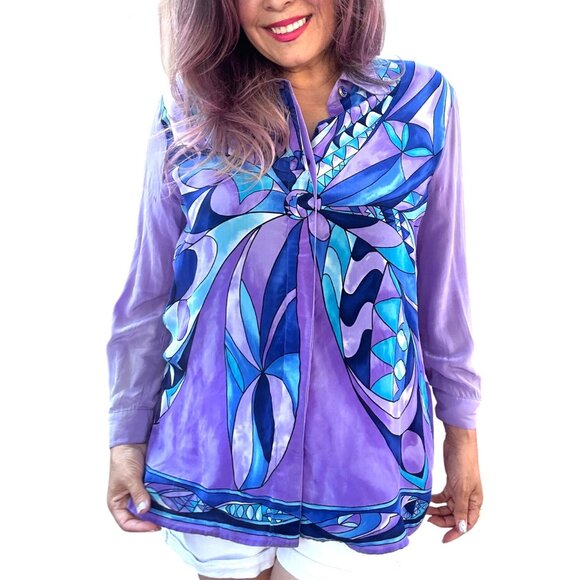 Diane Gilman Stained Glass Printed Silk Blouse With Blue Gem Details Long Sleeve - Picture 5 of 12